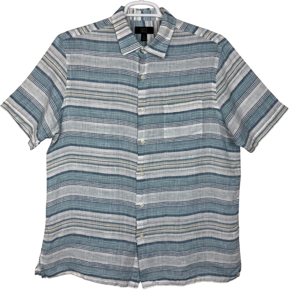 Club Room Linen Shirt‎ Mens Large Blue Striped Short Sleeve Button Up Luxury